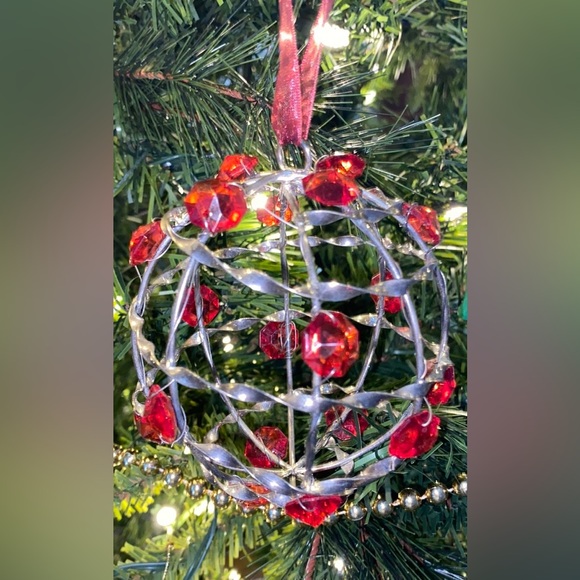 Handmade Twisted Silver Beaded Christmas Ornament w/Red Jewel Beads-3-3/4” Round - Picture 1 of 8